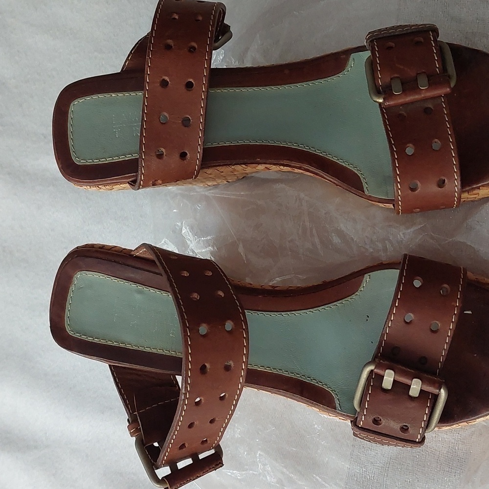 Lambertson Truex slip on wedges  in brown leather with adjustable buckles